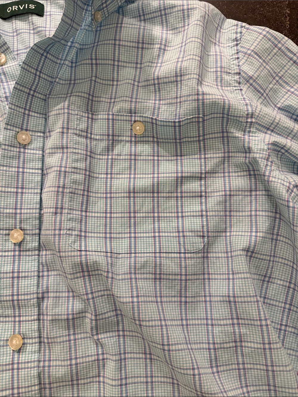 Orvis Men's Light Blue and Navy Plaid Button-Down Shirt - Picture 3 of 4